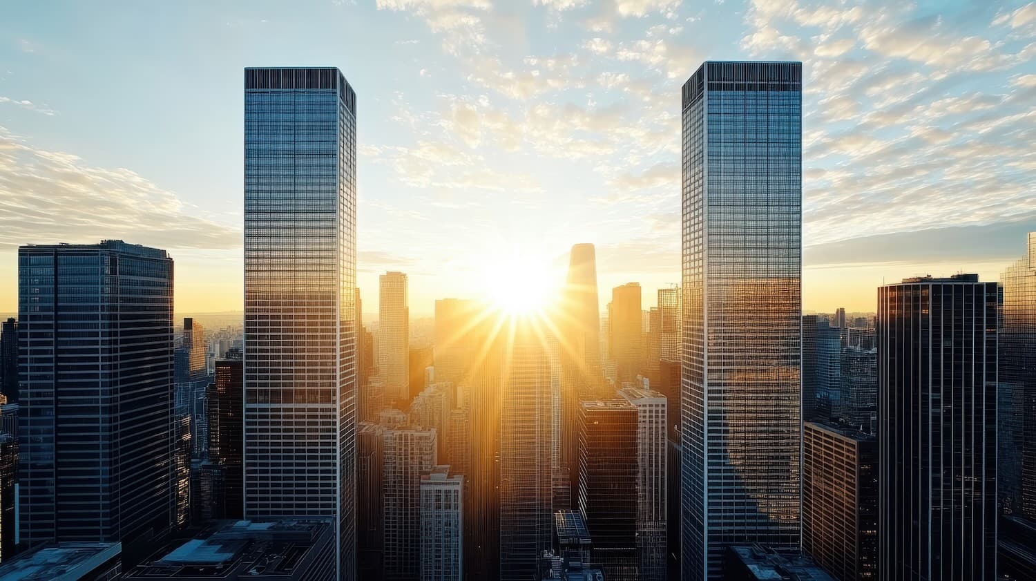 Sunrise between two city skyscrapers
